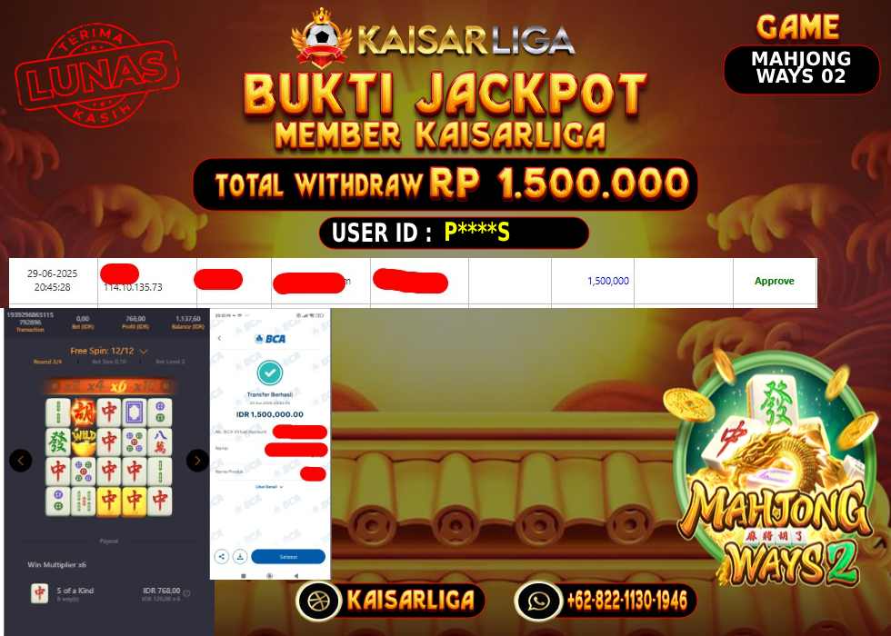 BUKTI JACKPOT SLOT KAISARLIGA RP.1.500.000.,-LUNAS