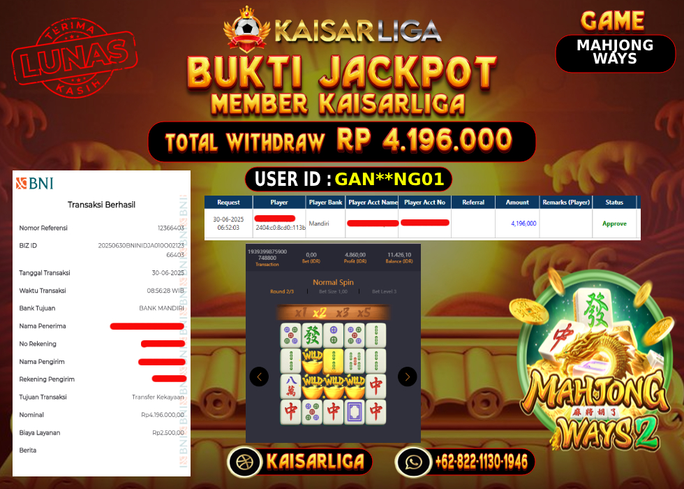 BUKTI JACKPOT SLOT KAISARLIGA RP.4.196.000.,-LUNAS