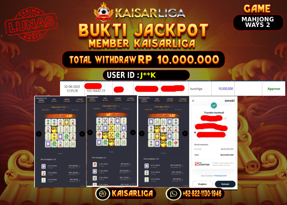 BUKTI JACKPOT SLOT KAISARLIGA RP.10.000.000.,-LUNAS