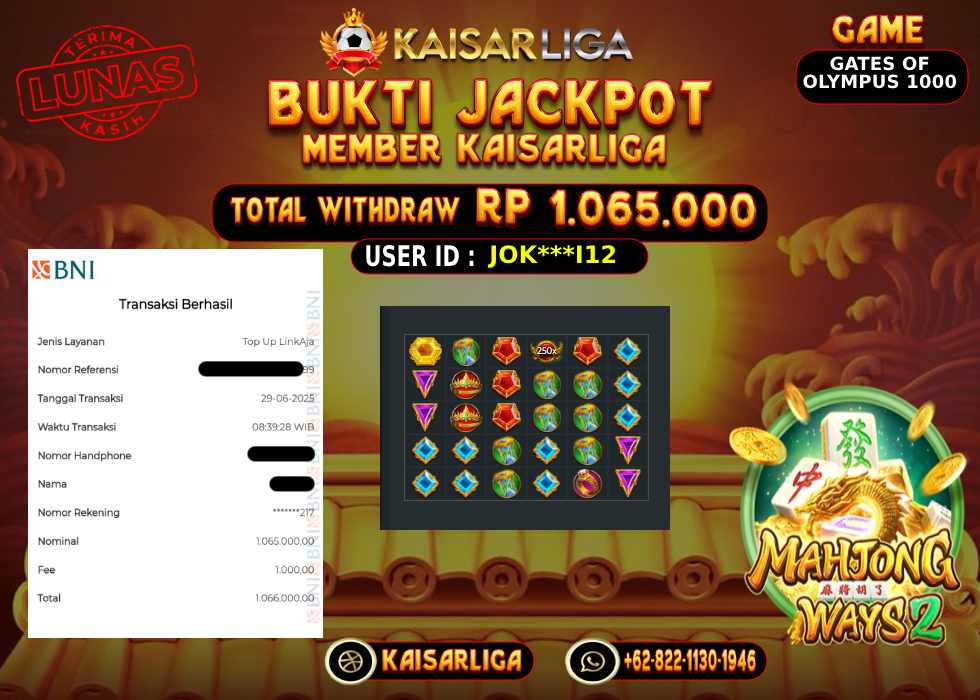 BUKTI JACKPOT SLOT KAISARLIGA RP.1.065.000.,-LUNAS