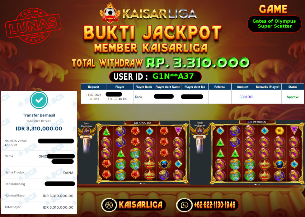 BUKTI JACKPOT SLOT KAISARLIGA RP.3.310.000,-LUNAS