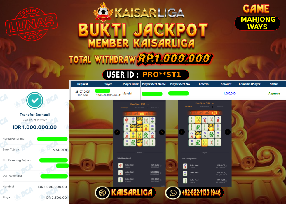 BUKTI JACKPOT SLOT KAISARLIGA RP. 1.000.000,-LUNAS