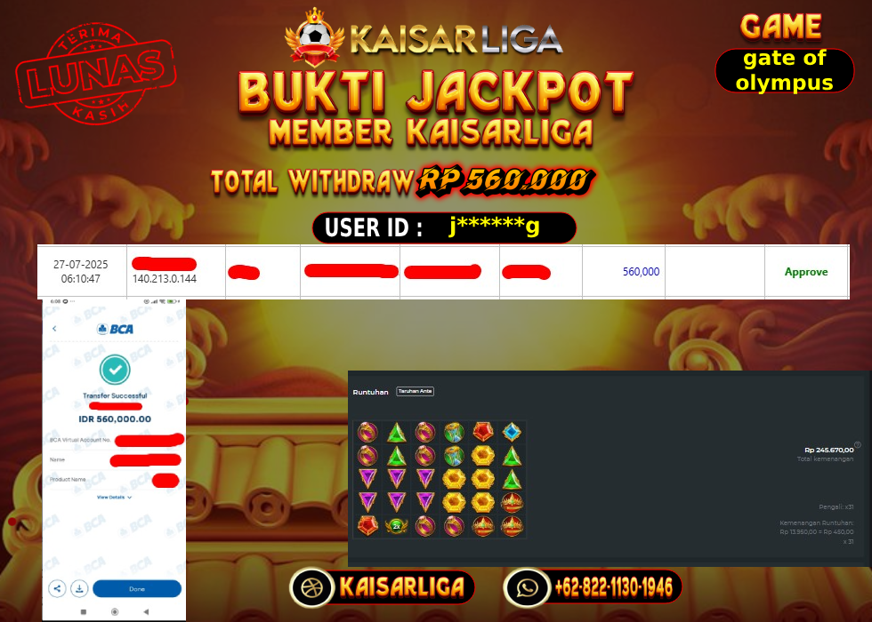 BUKTI JACKPOT SLOT KAISARLIGA RP. 560.000,-LUNAS