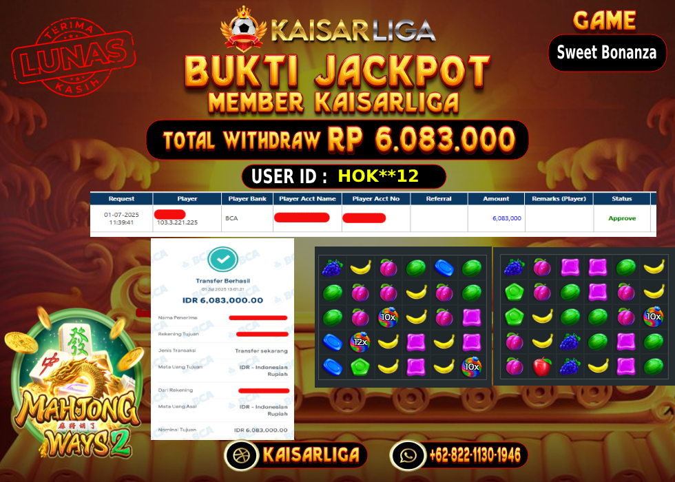 BUKTI JACKPOT SLOT KAISARLIGA RP.6.083.000.,-LUNAS