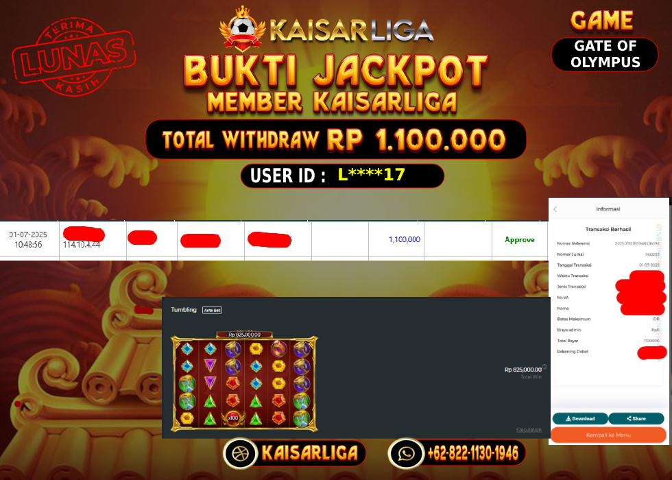 BUKTI JACKPOT SLOT KAISARLIGA RP.1.100.000.,-LUNAS