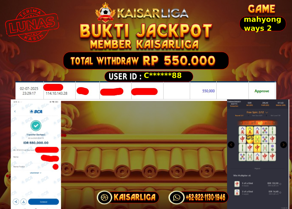 BUKTI JACKPOT SLOT KAISARLIGA RP.550.000.,-LUNAS