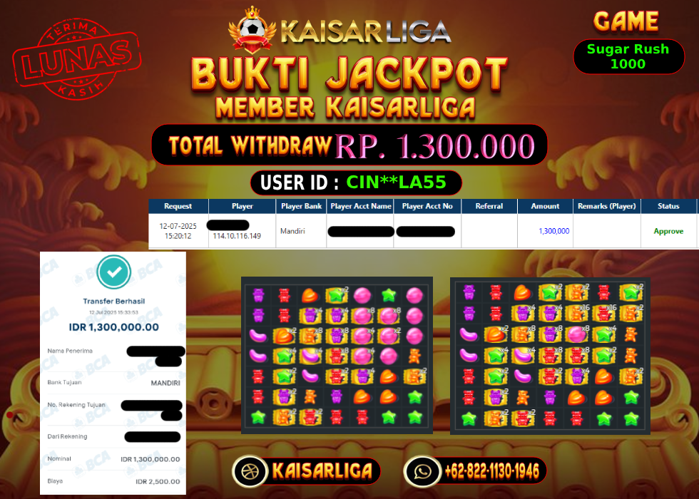 BUKTI JACKPOT SLOT KAISARLIGA RP.1.300.000,-LUNAS