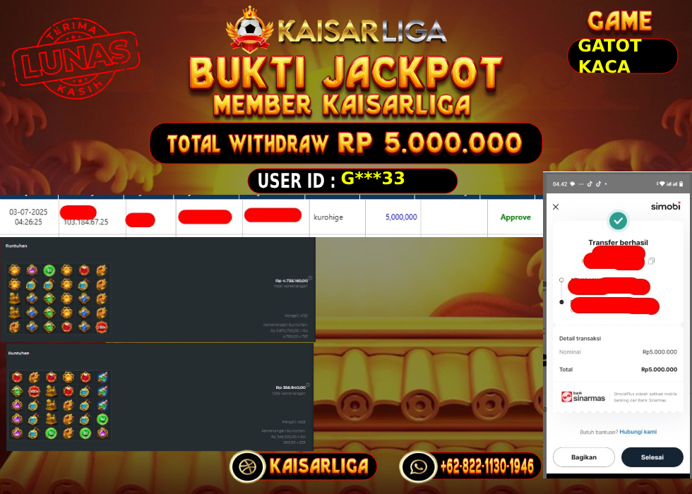 BUKTI JACKPOT SLOT KAISARLIGA RP.5000.000.,-LUNAS