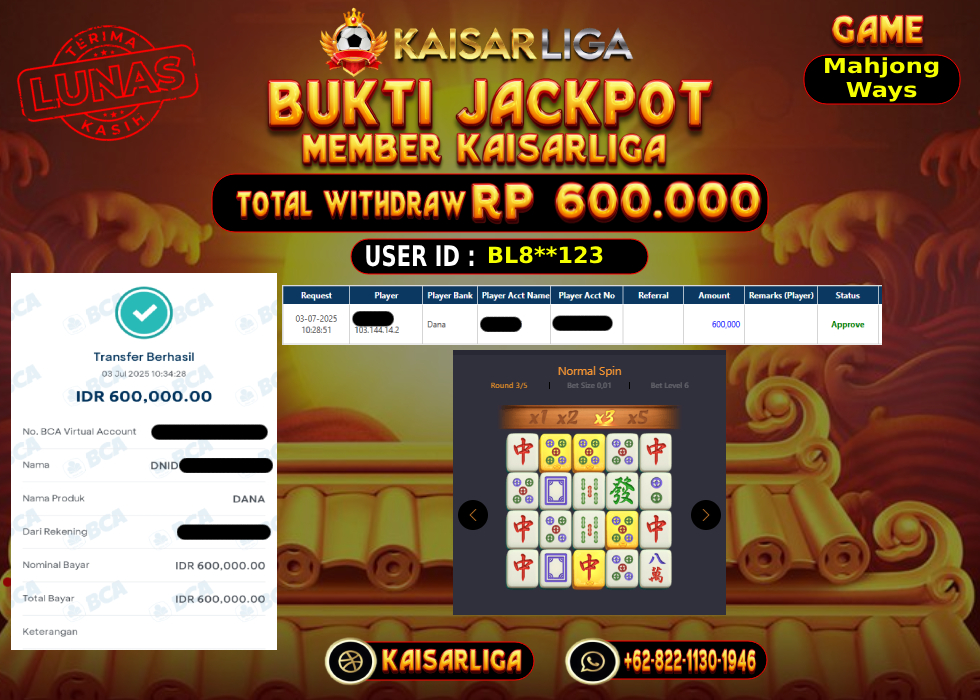 BUKTI JACKPOT SLOT KAISARLIGA RP.600.000.,-LUNAS