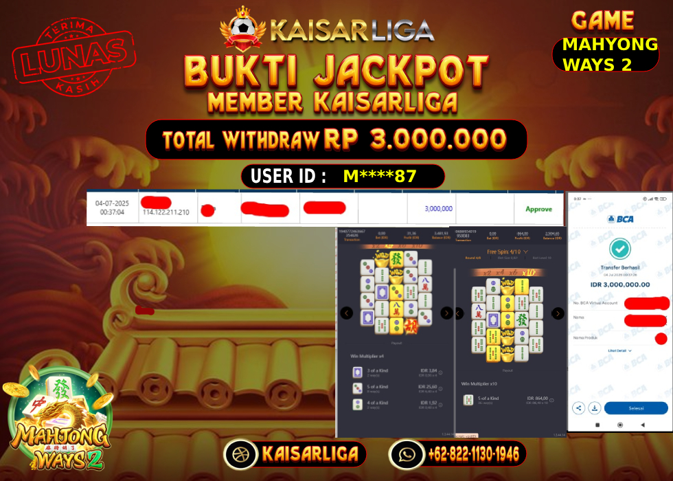 BUKTI JACKPOT SLOT KAISARLIGA RP.3.000.000.,-LUNAS