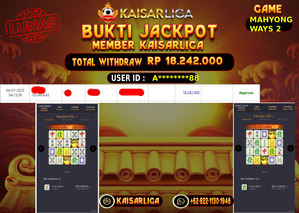 BUKTI JACKPOT SLOT KAISARLIGA RP.18.242.000.,-LUNAS