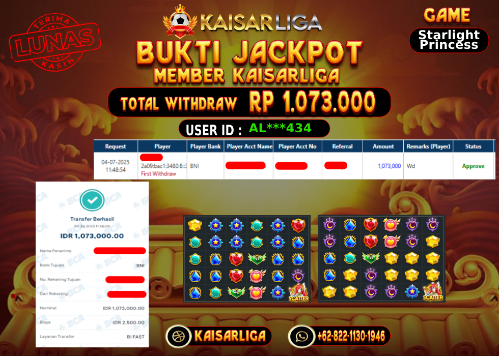 BUKTI JACKPOT SLOT KAISARLIGA RP.1.073.000,-LUNAS