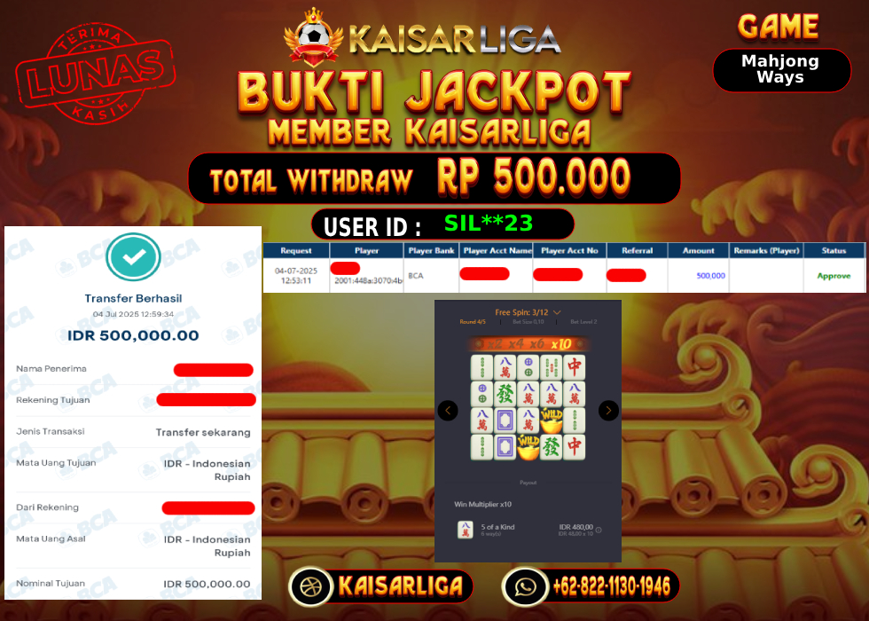 BUKTI JACKPOT SLOT KAISARLIGA RP.500.000,-LUNAS