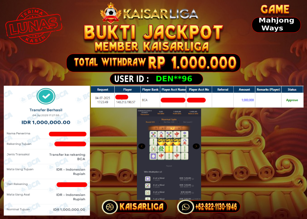 BUKTI JACKPOT SLOT KAISARLIGA RP.1.000.000,-LUNAS