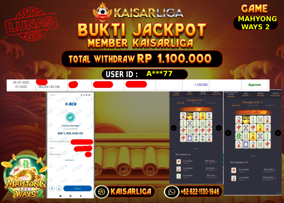 BUKTI JACKPOT SLOT KAISARLIGA RP.1.100.000,-LUNAS