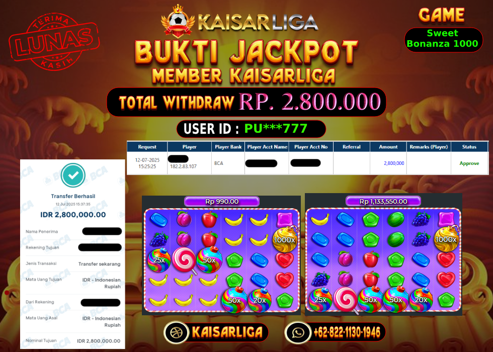 BUKTI JACKPOT SLOT KAISARLIGA RP.2.800.000,-LUNAS
