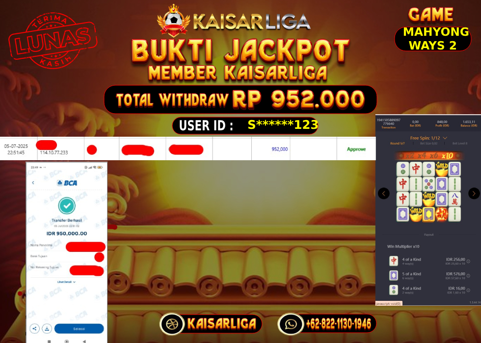 BUKTI JACKPOT SLOT KAISARLIGA RP.952.000,-LUNAS