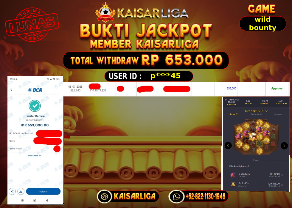 BUKTI JACKPOT SLOT KAISARLIGA RP.653.000,-LUNAS