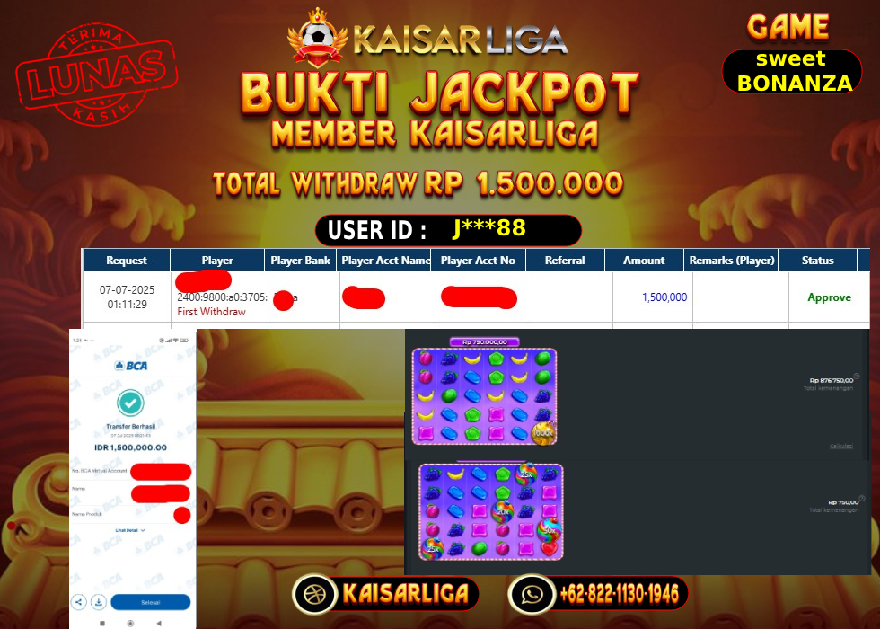BUKTI JACKPOT SLOT KAISARLIGA RP.1.500.000,-LUNAS
