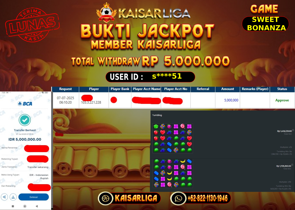 BUKTI JACKPOT SLOT KAISARLIGA RP.5000.000,-LUNAS