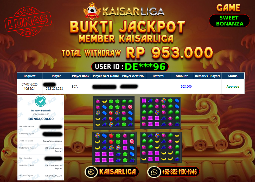 BUKTI JACKPOT SLOT KAISARLIGA RP.953.000,-LUNAS