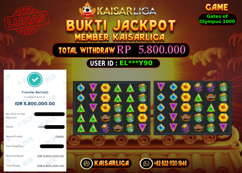BUKTI JACKPOT SLOT KAISARLIGA RP. 5.800.000,-LUNAS