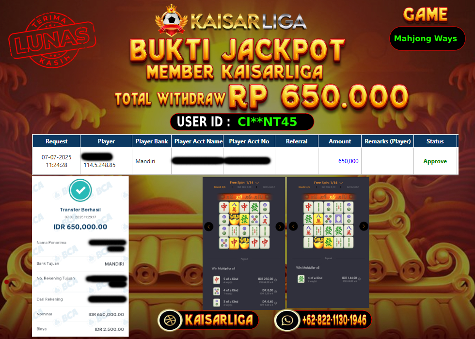 BUKTI JACKPOT SLOT KAISARLIGA RP.650.000,-LUNAS
