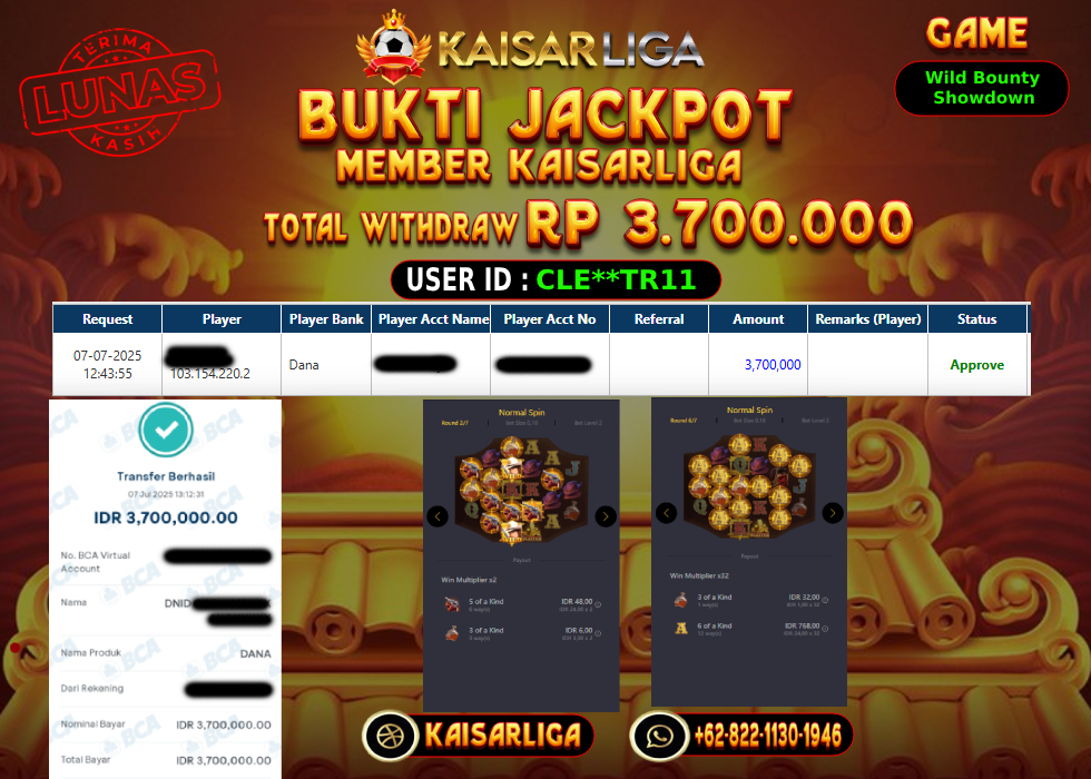 BUKTI JACKPOT SLOT KAISARLIGA RP.3.700.000,-LUNAS