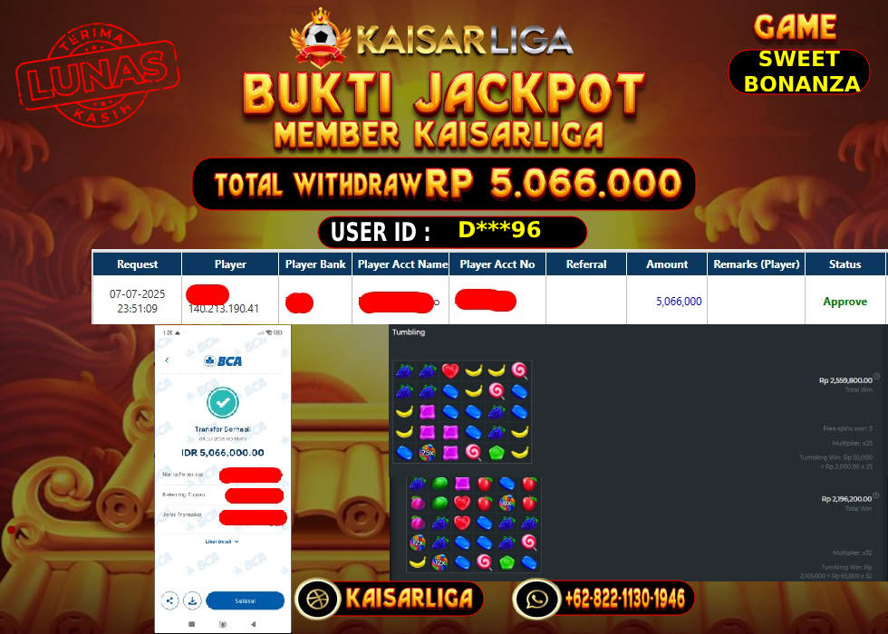 BUKTI JACKPOT SLOT KAISARLIGA RP.5.066.000,-LUNAS