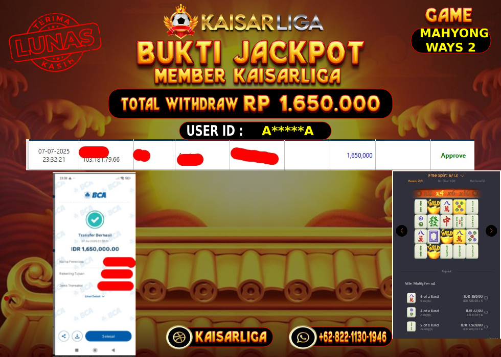 BUKTI JACKPOT SLOT KAISARLIGA RP.1.650.000,-LUNAS