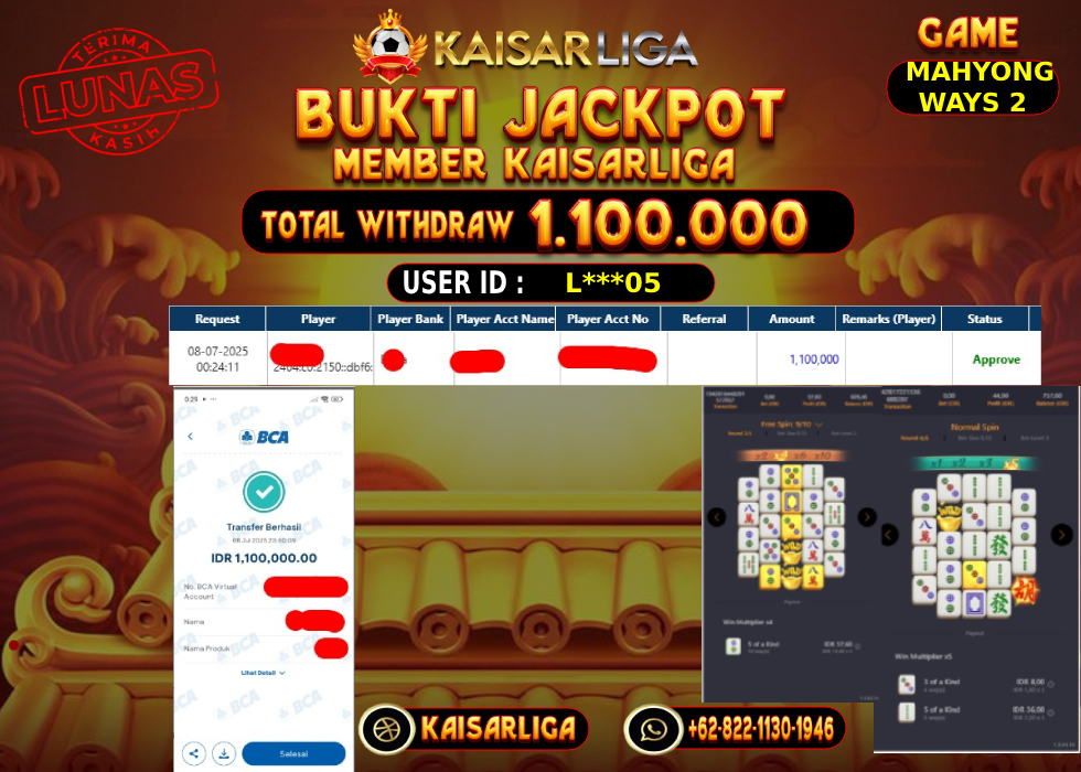 BUKTI JACKPOT SLOT KAISARLIGA RP.1.100.000,-LUNAS
