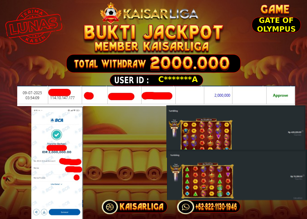 BUKTI JACKPOT SLOT KAISARLIGA RP.2.000.000,-LUNAS