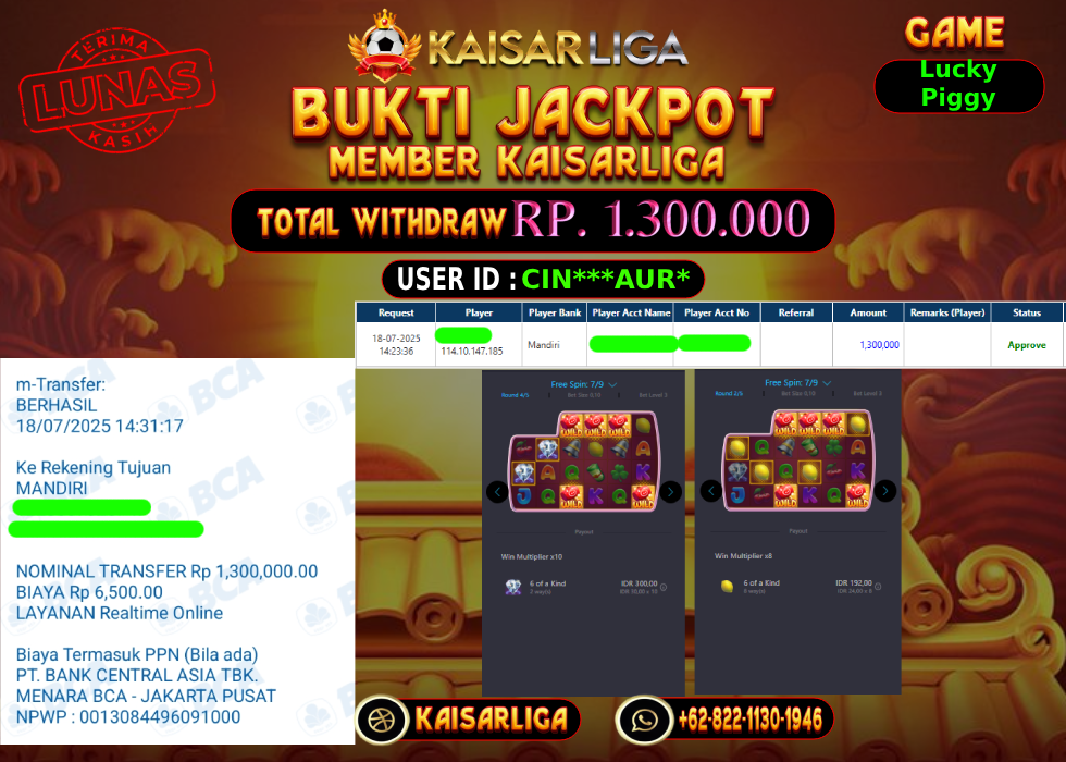 BUKTI JACKPOT SLOT KAISARLIGA RP. 1.300.000,-LUNAS