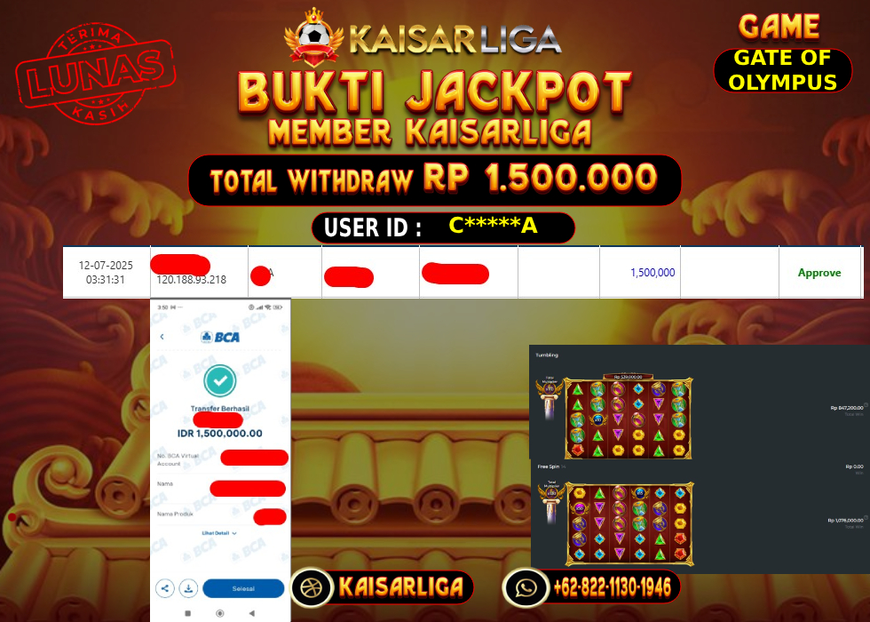 BUKTI JACKPOT SLOT KAISARLIGA RP.1.500.000,-LUNAS