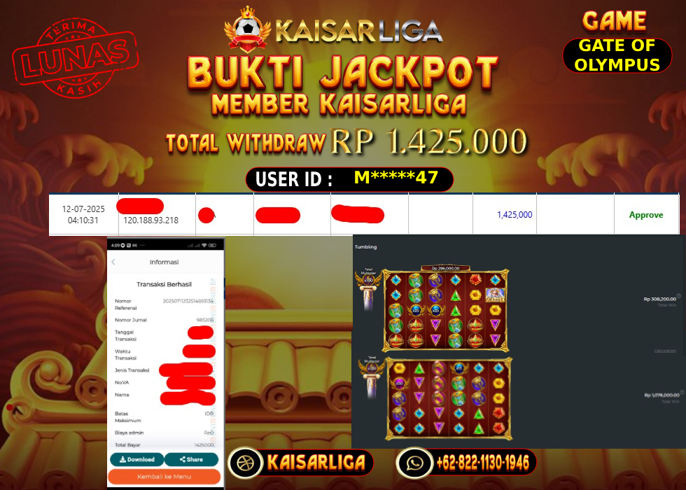 BUKTI JACKPOT SLOT KAISARLIGA RP.1.425.000,-LUNAS
