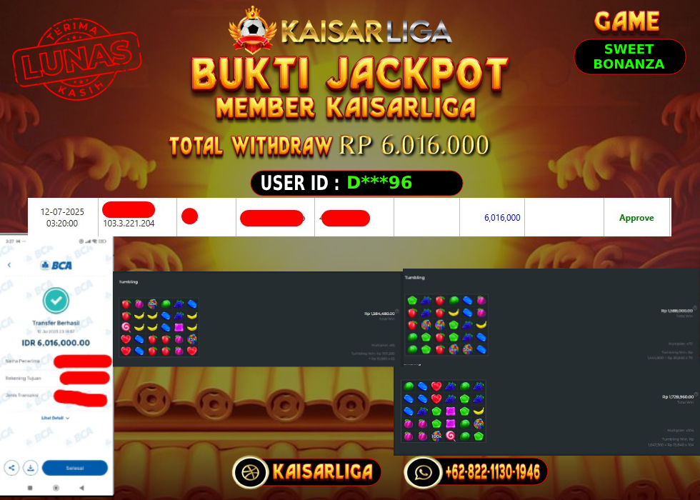 BUKTI JACKPOT SLOT KAISARLIGA RP. 6.016.000,-LUNAS