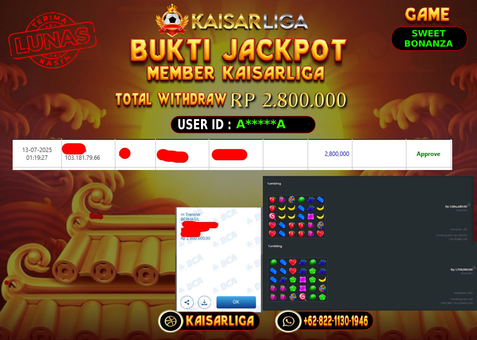 BUKTI JACKPOT SLOT KAISARLIGA RP. 2.800.000,-LUNAS