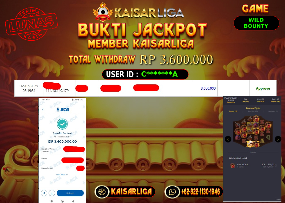 BUKTI JACKPOT SLOT KAISARLIGA RP. 3.600.000,-LUNAS