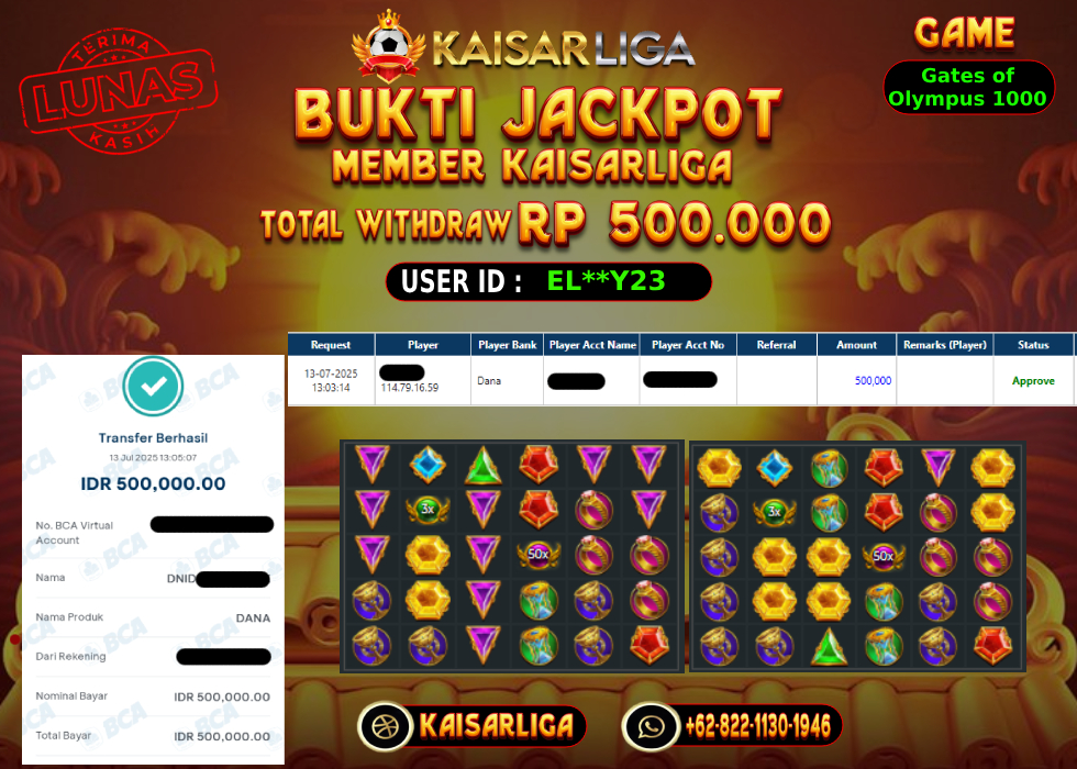 BUKTI JACKPOT SLOT KAISARLIGA RP. 500.000,-LUNAS