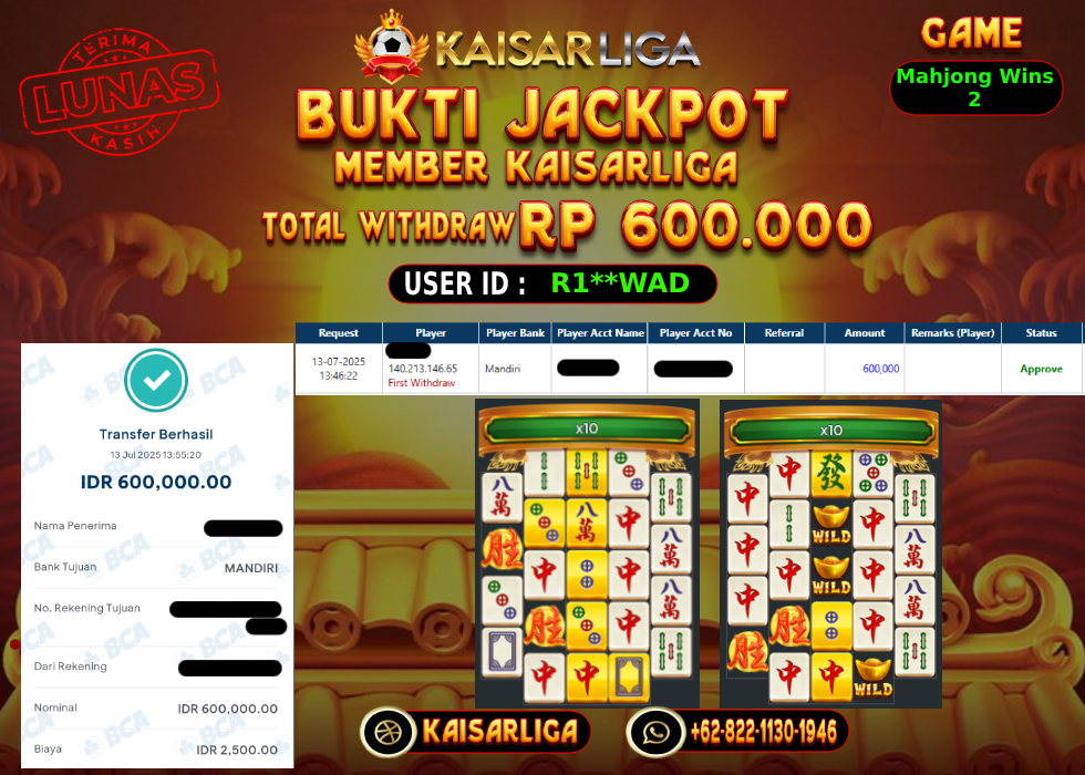 BUKTI JACKPOT SLOT KAISARLIGA RP. 600.000,-LUNAS