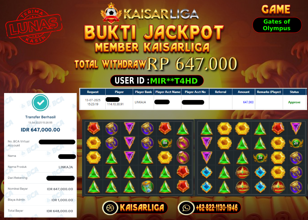 BUKTI JACKPOT SLOT KAISARLIGA RP. 647.000,-LUNAS