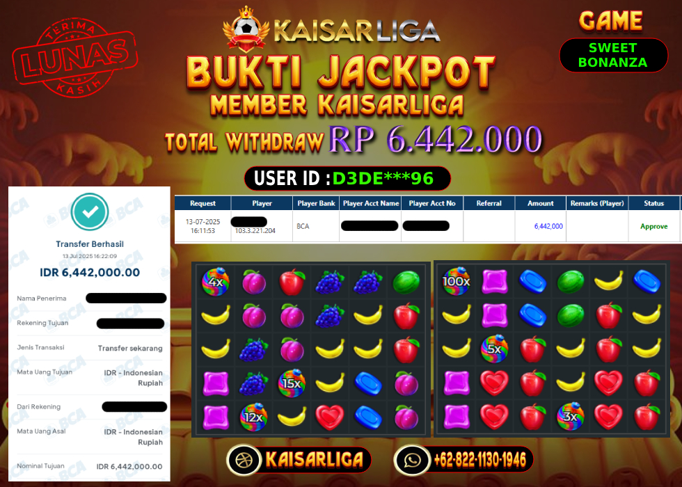 BUKTI JACKPOT SLOT KAISARLIGA RP. 6.442.000,-LUNAS