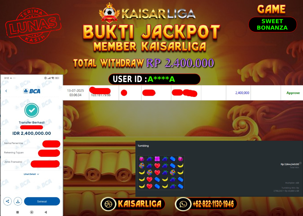 BUKTI JACKPOT SLOT KAISARLIGA RP. 2.400.000,-LUNAS