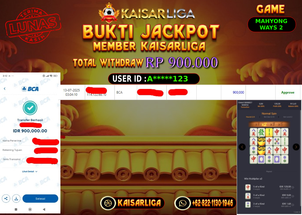 BUKTI JACKPOT SLOT KAISARLIGA RP. 900.000,-LUNAS