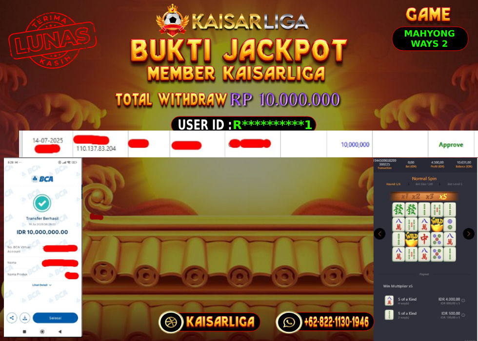 BUKTI JACKPOT SLOT KAISARLIGA RP. 10.000.000,-LUNAS