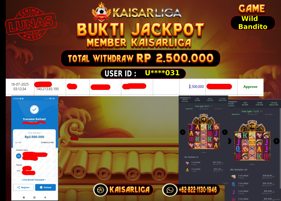 BUKTI JACKPOT SLOT KAISARLIGA RP. 2.500.000,-LUNAS