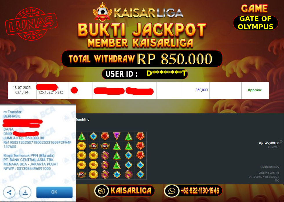 BUKTI JACKPOT SLOT KAISARLIGA RP. 850.000,-LUNAS