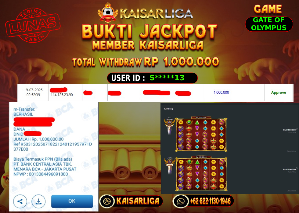 BUKTI JACKPOT SLOT KAISARLIGA RP. 1.000.000,-LUNAS