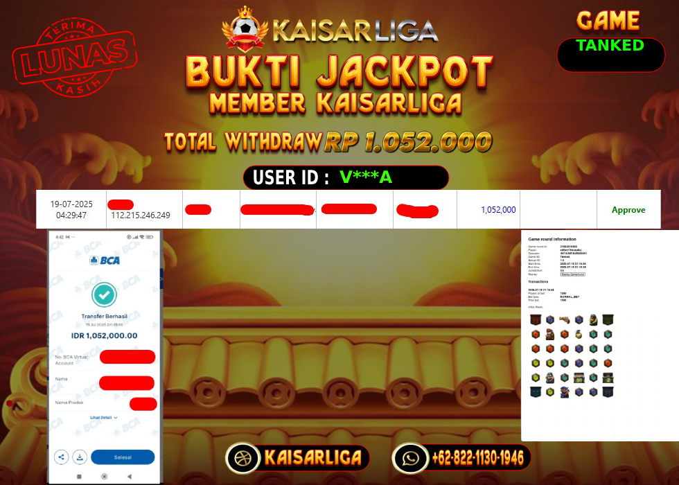 BUKTI JACKPOT SLOT KAISARLIGA RP. 1.052.000,-LUNAS