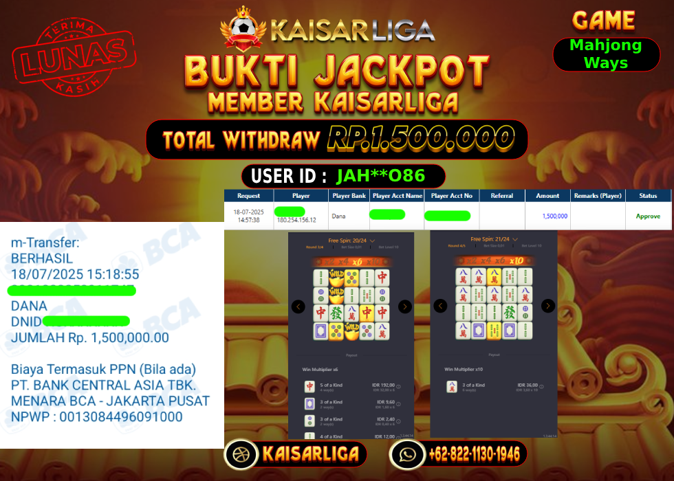 BUKTI JACKPOT SLOT KAISARLIGA RP. 1.500.000,-LUNAS